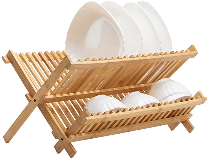 ARTALL 2-Tier Collapsible Drying Dish Rack, Bamboo Folding Plate Dish Drainer, Solid Plate Holder for Kitchen Utensils