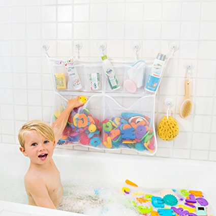 The Really Big Tub Cubby Bath Toy Organizer & Caddy – 6x Soap & Shampoo Pockets - Quick Dry Bathtub Storage Net - 6x Lock Tight Suction Hooks & 3M Stickers - Sure Not To Fall.