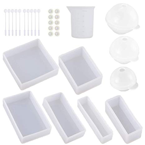 Resin Molds for Crafts, 9 Pack Silicone Resin Mold Kit for Casting Epoxy Resin UV Resin, Include Square, Rectangle, Ball Molds, with Resin Mixing and Measuring Tools.