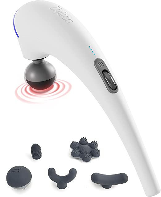 Zyllion Handheld Back & Neck Massager - Cordless Rechargeable Electric Percussion for Deep Tissue Muscle & Body Massage with Powerful Motor, Intensity Light Indicator & Heat - White (ZMA-27-WT)