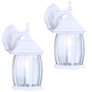 2 Pack of Exterior Outdoor Light Fixture Wall Lantern Sconce Clear Curved Beveled Glass, White Finish