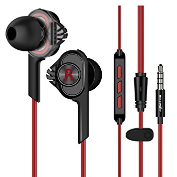 Wired Earphones with Mic In Ear buds with Volume Control BlitzWolf Noise Isolating Headphones Dual Dynamic Driver Bass 3.5mm Stereo Sound for phone - PC more Red