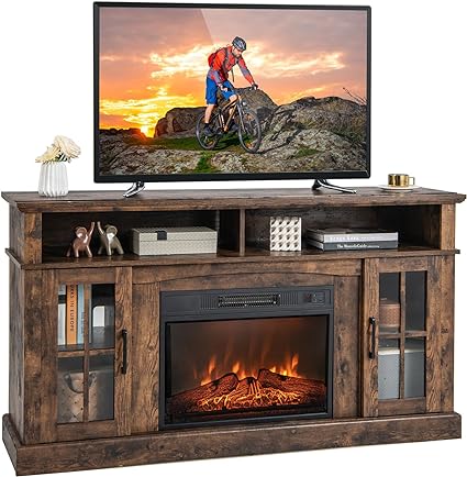 COSTWAY Electric Fireplace Insert TV Stand, Entertainment Center Console Table with 3-level Flame Overheat Protection Fireplace Heater & Remote Control (Brown, 23” Fireplace,148x40x82cm for 65” TV)