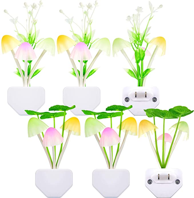 6 Pieces Night Lights 7 Color Changing Plug-in Light Sensor Wall Lamp, LED Mushroom Night Lights Sensor Wall Lamp Night Lights for Kids Adults Mushroom Night Light Thanksgiving Christmas, 2 Styles