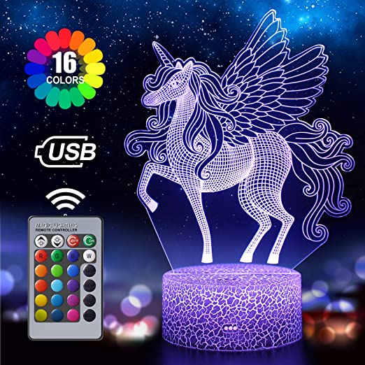 Unicorn Night Light for Kids, 3D Illusion Lamp 16 Colors Changing with Remote, Birthday and Holiday Gift for Children Girls (Unicorn1)