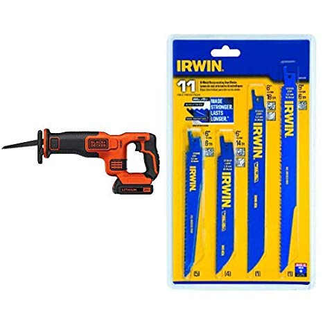 BLACK DECKER BDCR20C 20V MAX Reciprocating Saw with Battery and Charger with IRWIN Tools Reciprocating Saw Blade Set, 11-Piece (4935496)