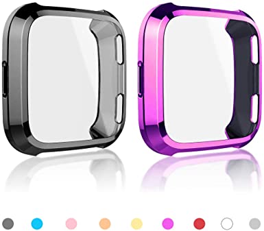[2-Pack] Screen Protector Case Compatible with Fitbit Versa,All-Around Soft TPU Plated Cover Ultra Slim Scratch-Proof Bumper Shell (Black Purple)