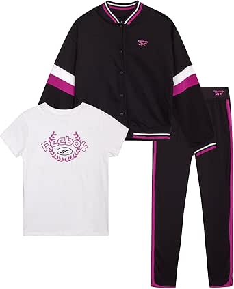 Reebok Girls' Activewear Set - 3 Piece Stylish Graphic T-Shirt, Fleece Pullover Hoodie, and Jogger Sweatpants (Size: 4-12)