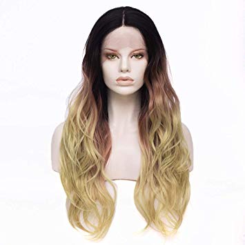 Tsnomore Ombre Wig Kanekalon Yaki Fiber Mid Part Lace Front Long Wavy Wig Daily Party Wig for Women (Ombre Black to Brown Mixed Golden)