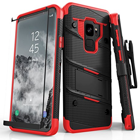 Zizo Bolt Series Samsung Galaxy S9 Case - Full Curved Glass Screen Protector with Holster and 12ft Military Grade Drop Tested (Black & Red)