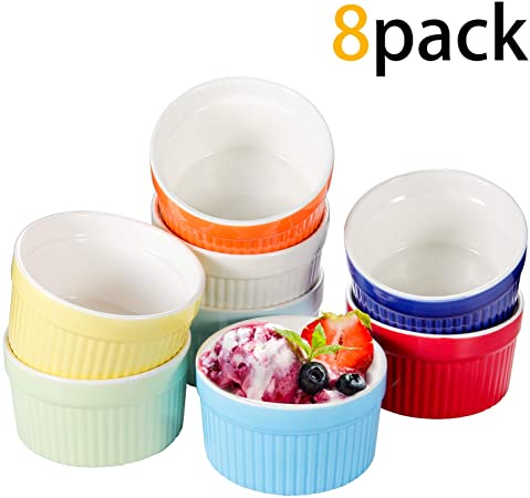 Ramekin Bowls 6 OZ Colorful, Ceramic Baking Dishes for Creme Brulee, Souffle And Dipping Sauces, Ramekin Baking Cups Distinguish Taste Conveniently 8 Pack