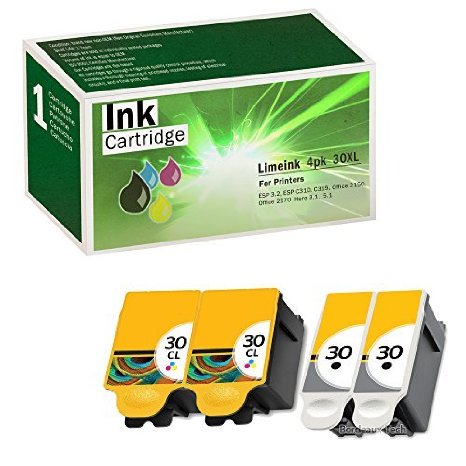 Limeink© 4 Pack Remanufactured 30XL Ink Cartridges (2 Black, 2 Color) Use Replacement for Kodak ESP: 3.2, C110, C310, C315, Office 2150, Office 2170, hero 3.1, hero 5.1 Series Printers 1550532 1341080