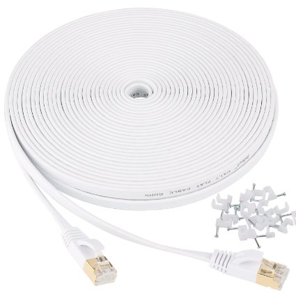 Cat7 Ethernet Cable Flat with clips jadaol Shielded STP with Snagless Rj45 Connectors - 50 Feet White 15 meters