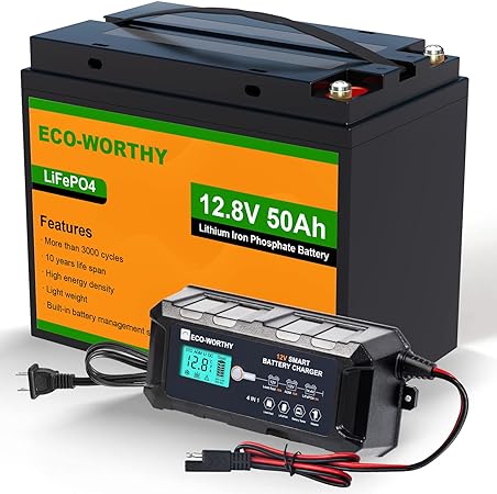 ECO-WORTHY 12V 50AH LiFePO4 Lithium Battery and 12V 10Amp Automatic Smart Battery Charger and Maintainer with BMS, 4000  Deep Cycles, for Trolling Motor, Golf Cart, Power Wheelchair, Scooter