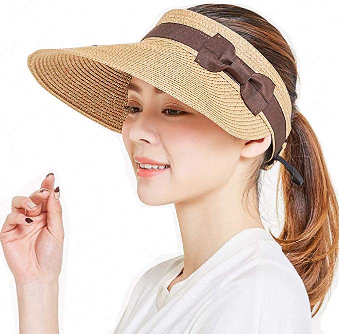 Women’s Summer Foldable Straw Sun Visor w/Cute Bowtie UPF 50  Packable Wide Brim Roll-Up Visor Beach Hat