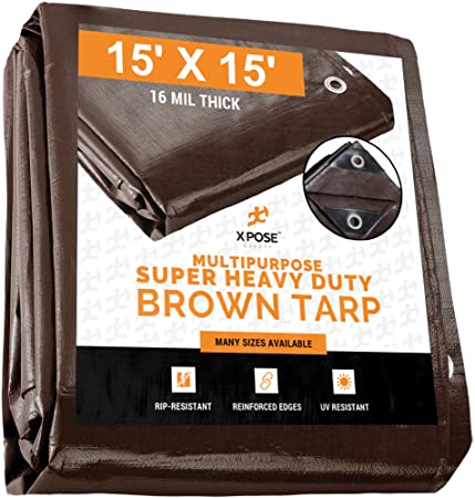 15' x 15' Super Heavy Duty 16 Mil Brown Poly Tarp Cover - Thick Waterproof, UV Resistant, Rot, Rip and Tear Proof Tarpaulin with Grommets and Reinforced Edges - by Xpose Safety