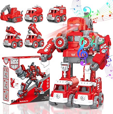 Take Apart Toys Robot , Ayunhao 5 in 1 Fire Truck Robot Toys for 3 4 5 6 7 8 Old Boys STEM Truck Toys Transform into Robot Fire TruckToys Boys Girls Christmas Birthday Days Gifts (Red)