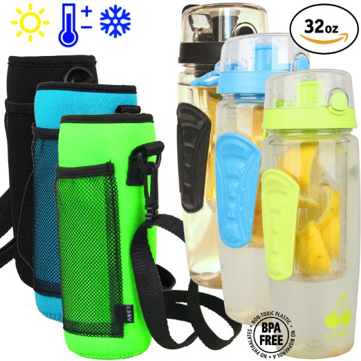 LA&V 3 in 1 Fruit Infuser Water Bottle 32 Oz - Sport Water Bottle - Neoprene Insulation Carrier Holder - Leak Proof - Flip Lid - Push Button to Open - Ergonomic Grip - Tritan BPA Free