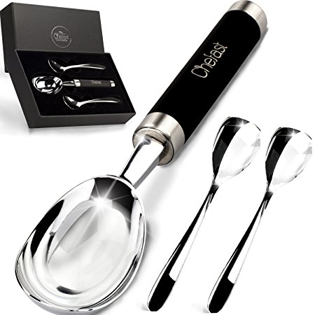 Chefast Ice Cream Scoop Kit - Elegant Set of Solid Scoop with Non-Slip Handle, Two Stainless Steel Spoons and Gift Box - Dishwasher Safe Scooper for Everything From Hard Ice Cream to Gelato & Sorbet
