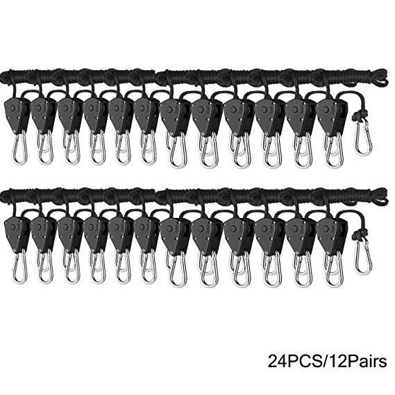 Oppolite 24PCS/12 Pairs 1/8" 150lb Grow Light Rope Hangers  Ratchet Heavy Duty Adjustable Clip Grow Light Reflectors Hangers, 150lb Capacity