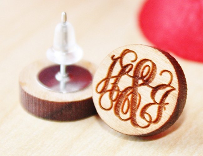 Personalized Monogram Wood Earring Studs, Choose From 12 Wood Colors - EA3