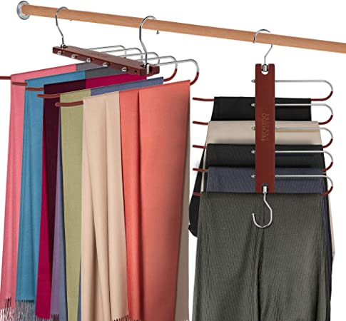 Techzoo - 2 Pack Pants Hangers - Space Saving Wood Hanger - Great for Small Spaces - Closet Organizer - Perfect for Clothes Organization - Jeans, Tie, Trousers, Scarf Hangers - Brown