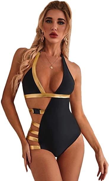 Milumia Women's One Piece Surplice Neckline High Waisted Halter One Piece Monokini Swimsuit Gold & Black S