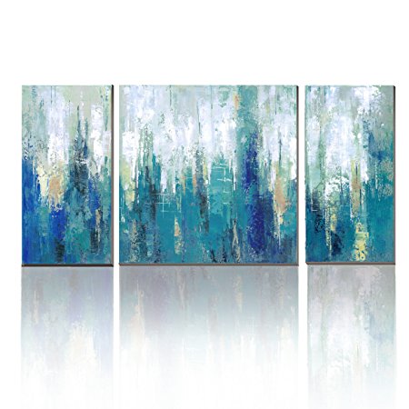 cubism- Canvas 3 Panel Cool Blue Abstract Modern Print With Embellishment Wall Pictures for Home Decoration ,Ready to Hang!