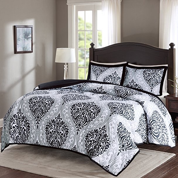 Comfort Spaces – Coco Duvet Cover Mini Set - 3 Piece – Black and White – Printed Damask Pattern With Corner Ties – King size, includes 1 Duvet Cover, 2 Shams