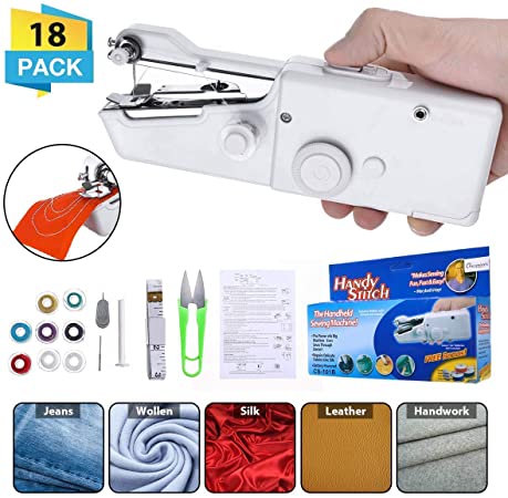 CHARMINER Hand Sewing Machine, Mini Hand-held Portable Sewing Machine, Quick Repairing Suitable for Denim Curtains Leather DIY 18 PCS