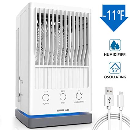 OPOLAR Portable Air Conditioner Fan, Evaporative Air Cooler, USB Power Oscillating Tower Fan, 55°Oscillating, Personal Space Humidifier Misting Desk Fan, 3 Speed for Outdoor Camping Home Office Dorm