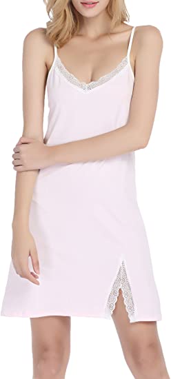 Chamllymers Womens Cotton Nightgown Full Slip Chemise Sleepwear Lace Lounge Dress