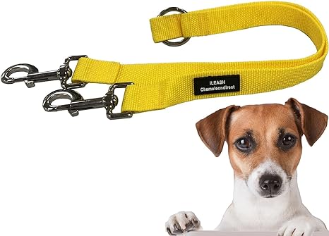2 Way Lead Splitter 42cm Dog Leash Coupler with Metal Clips Easy Use Pet Walking Lead Splitter Durable Strong Fabric (Yellow)