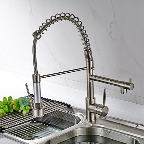 Fapully 100333N Contemporary Spring Single Handle Kitchen Sink Faucet with Pull Down Sprayer, Brushed Nickel