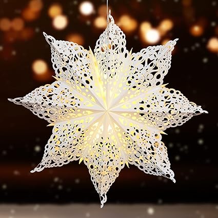 23.6 Inch Christmas Star Snowflake Paper Lantern with Light Timer Paper Lamp Party Supplies Hanging Decoration for Weddings Christmas Trees Birthday Holiday Party Celebration (Lovely Style)