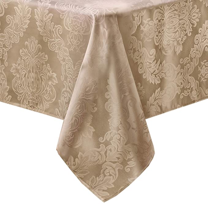 Newbridge Barcelona No-Iron Soil Resistant Fabric Damask Tablecloth - 60 X 84 Oval - Golden Beige