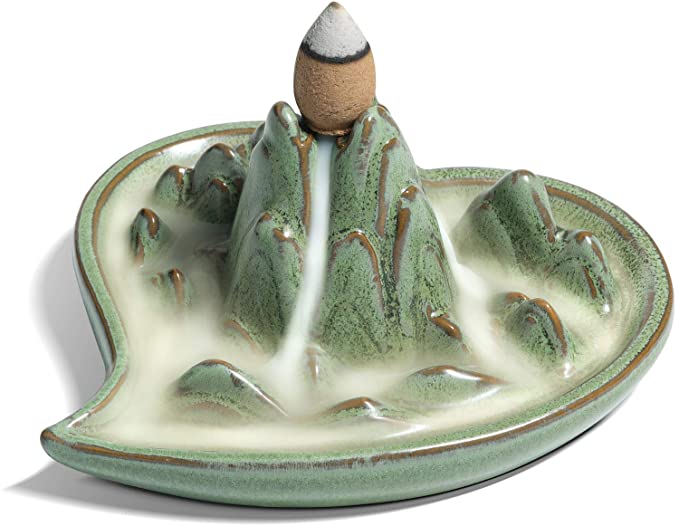 ComSaf Waterfall Backflow Incense Burner Ceramic, Handmade Small Portable Censer Incense Cone Holder Fountain, Aromatherapy Ornament Home Decor Yoga Meditation Relaxation Office Gift, Mountain