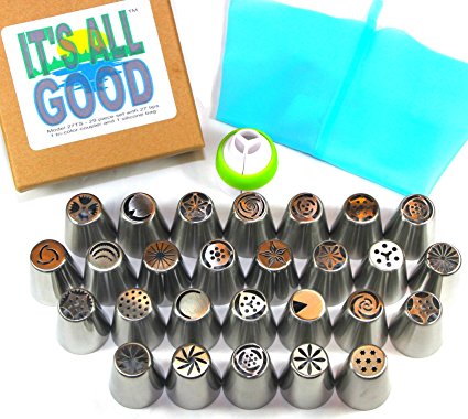 RUSSIAN PIPING TIPS 32 Piece set Easy To Use Complete Kit For Cake Icing Decoration. Includes 27 Food Grade Stainless Steel Flower Tips, 3-Color Coupler, Reusable Silicone Bag and 3 Disposable Bags