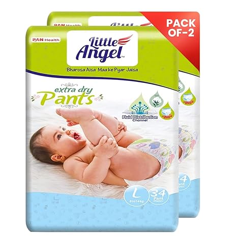 Little Angel Extra Dry Baby Pants Diaper, Large (L) Size, 68 Count, Super Absorbent Core Up to 12 Hrs. Protection, Soft Elastic Waist Grip & Wetness Indicator, Pack of 2, 34 count/pack, 8-14kg