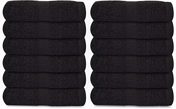 GOLD TEXTILES 100% Cotton Washcloth - 12 Pack | 13x13 inches | Black - Ultra Soft, Highly Absorbent, Long Lasting and Quick Drying - Hotel & Spa Collection Cool Feel Fingertip Towels