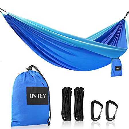 INTEY XL Double Camping Hammock Portable Parachute Hammock Max 660 lbs Breaking Capacity Lightweight Carabiners & Ropes Included For Backpacking Camping Hiking Travel Beach Yard Blue