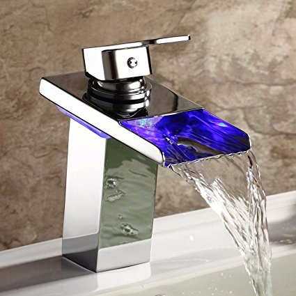 TAPCET LED RGB Light Chrome Waterfall Bathroom Basin Tap 3 Color LED Basin Sink Modern Faucet