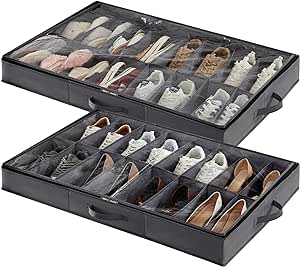 Lifewit Under Bed Shoe Storage Organizer Set of 2, Each 16 Grids, Fit Up to 16 Pairs of Shoes, Foldable Shoe Rack Organizer Container with Reinforced Handle and Clear Cover for Women's and Men's Shoes