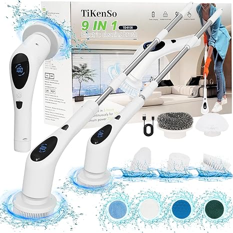 Electric Spin Scrubber, Digital Electric Scrubber with Voice Broadcasting Function and 9 Interchangeable Heads 3 Adjustable Speeds Bathroom Scrubber Electric for Kitchen Bathroom Tile Floor Windows