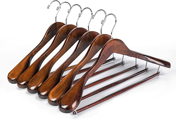 Quality Luxury Heavy Duty Wooden Suit Hangers Wide Wood Hanger for Coats and Pants with Locking Bar (6, Retro)