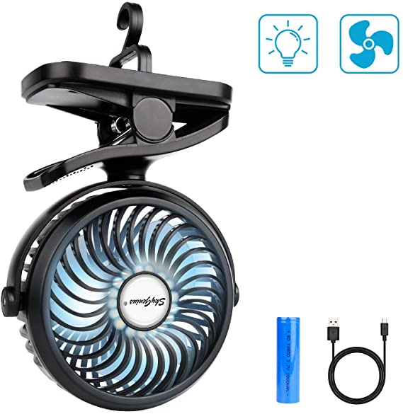 SkyGenius Clip On Camping Fan with LED Lights, 2200 mAh Rechargeable Battery/USB Operated Mini Fan with Hook Portable for Stroller Home Ofiice Outdoors Travel Camping Hiking