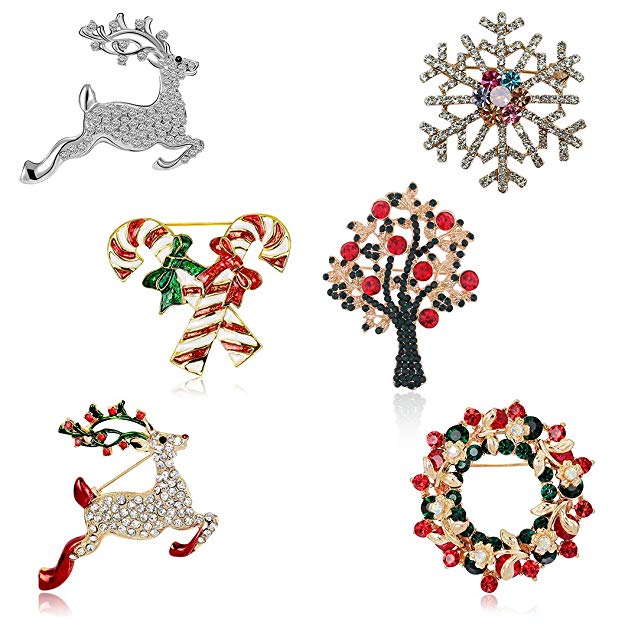 Christmas Brooch Pin Set Women - Pack of 6pcs Cute Crystal Diamond Enamel Christmas Jewelry Gift Including Red Crystal Reindeer White Reindeer Candy Cane Christmas Tree Wreath Snowflake Pins Set