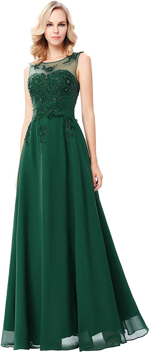 GRACE KARIN Chiffon V Back Evening Dresses Prom Gown with Beads Appliques