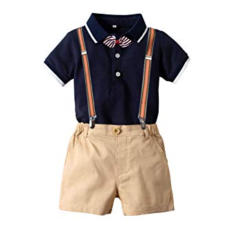 Carlstar Baby Boys Gentleman Outfit Suits,Infant Boys Short Pants Set,Short Sleeve Romper Shirt Suspender Pants Bow Tie
