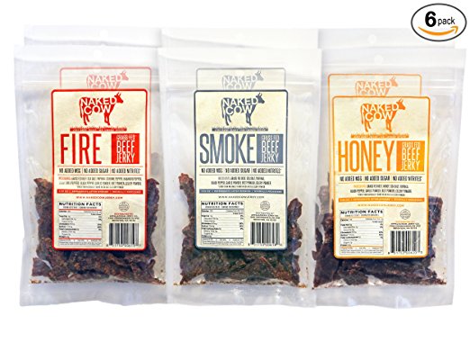 Naked Cow All Natural Grass Fed Beef Jerky - SAMPLER includes TWO (2) bags of HONEY, FIRE and SMOKE (6 Pack)